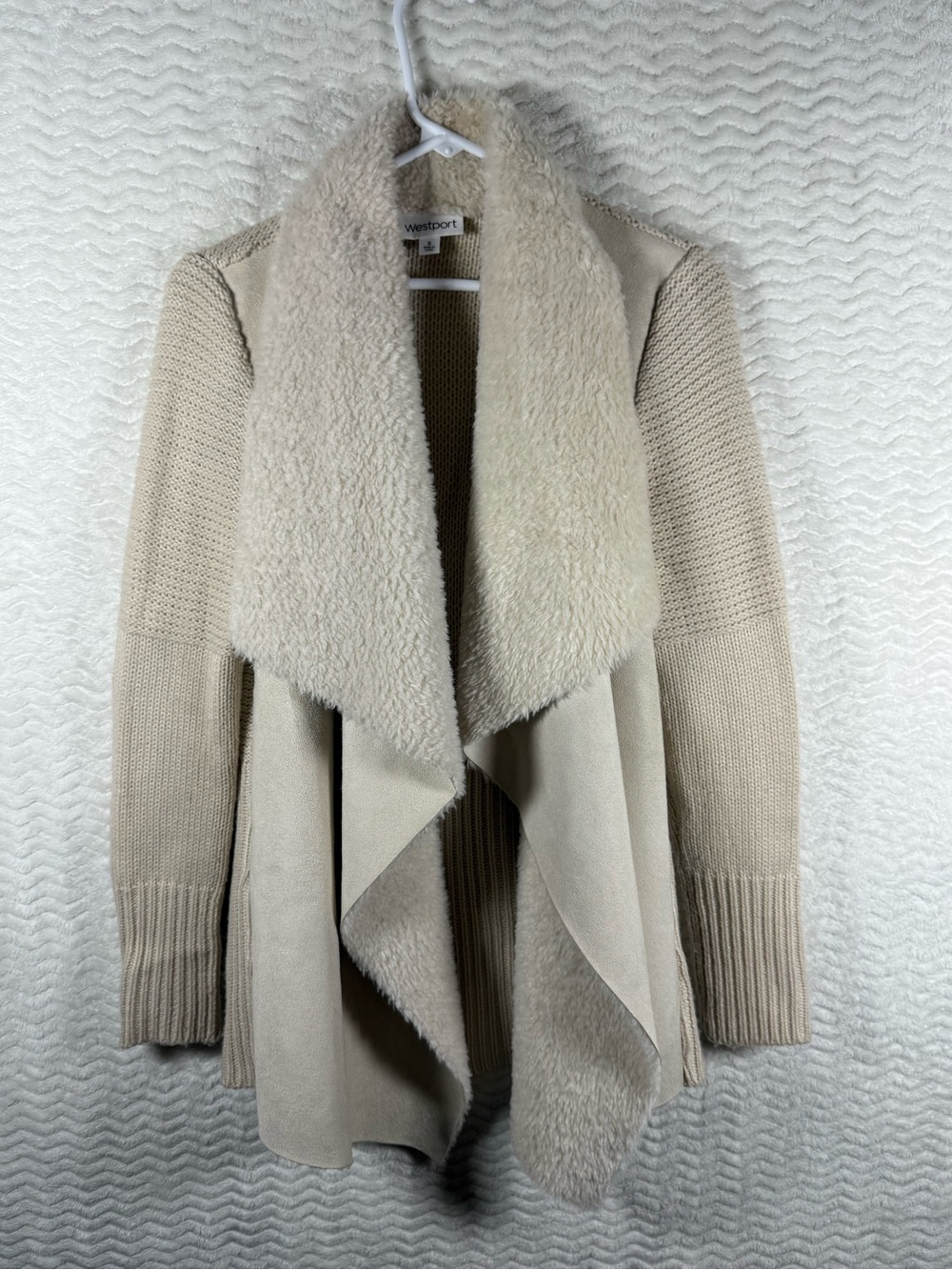 Westport Beige Open-Front Sherpa-Trim Cardigan